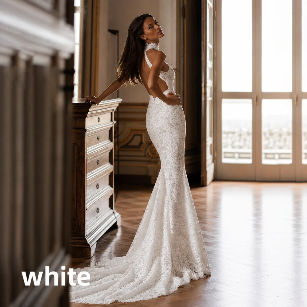 Halter Mermaid Wedding Dress Vintage Full Lace Sleeveless Open Back Bridal Gown Chapel Train Custom Size Wedding Bridal Dresses