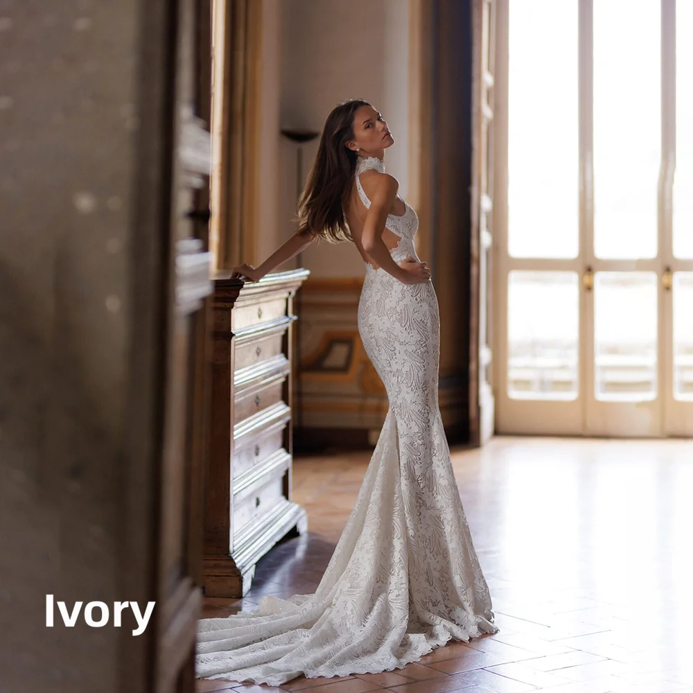 Halter Mermaid Wedding Dress Vintage Full Lace Sleeveless Open Back Bridal Gown Chapel Train Custom Size Wedding Bridal Dresses