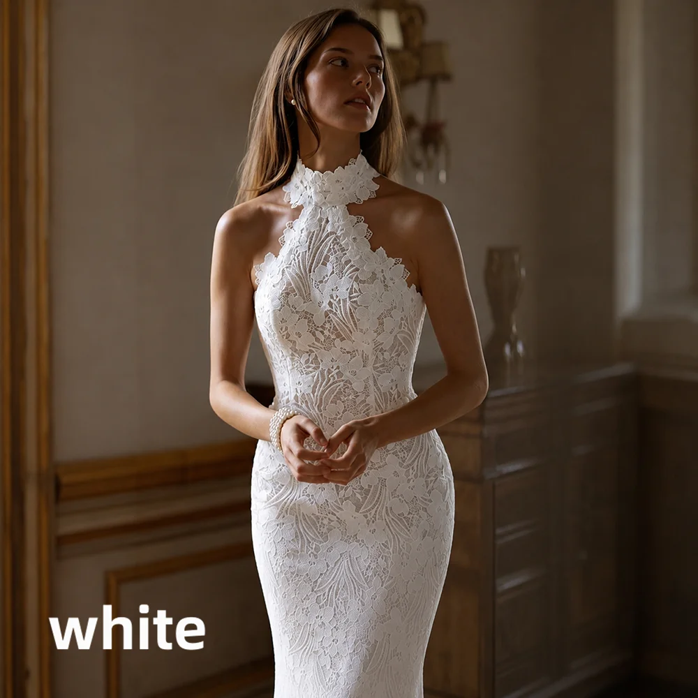 Halter Mermaid Wedding Dress Vintage Full Lace Sleeveless Open Back Bridal Gown Chapel Train Custom Size Wedding Bridal Dresses