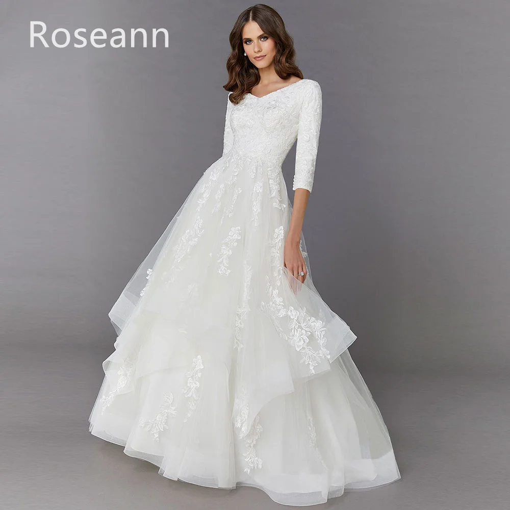 Customized Muslim Exquisite A-line Wedding Dresses V-Neck Applique Brush Train Tulle Satin Full Brideing Gown robe de mariée