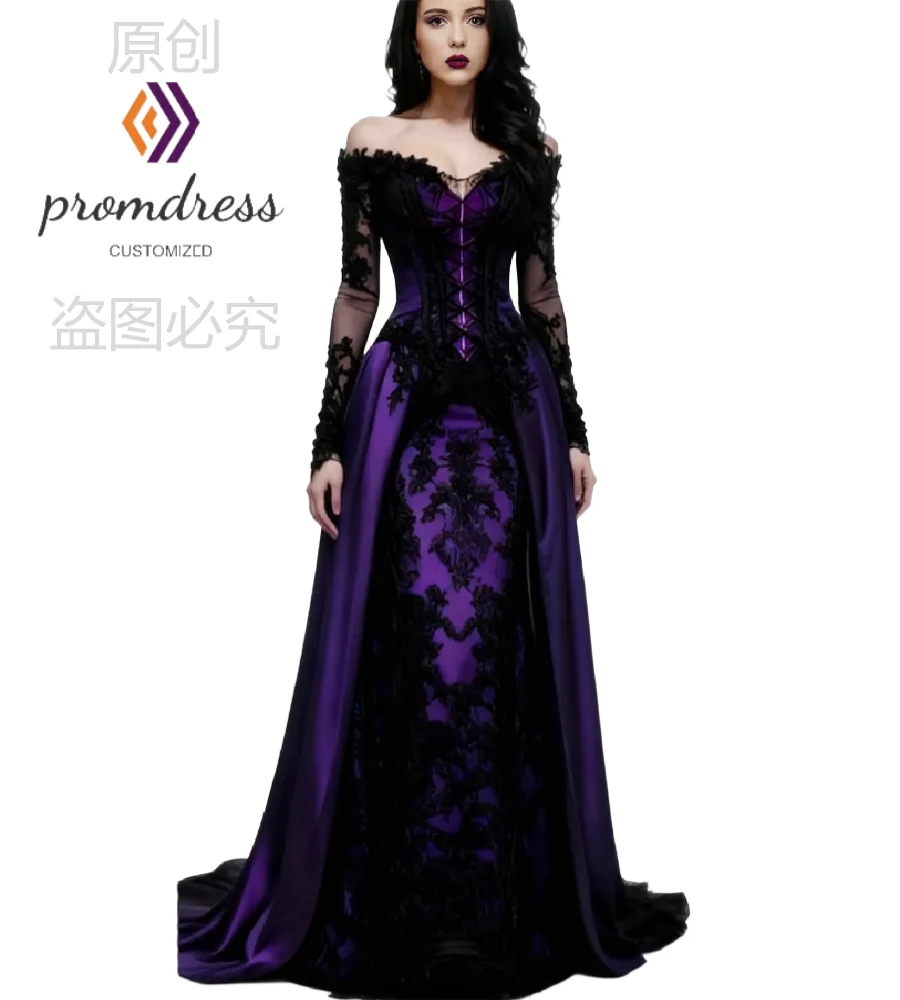 Vampire Purple Gothic Wedding Dress 2026 Long Sleeve Black Lace Victorian Medieval Bridal Gowns Halloween Fantasy Colored Bride