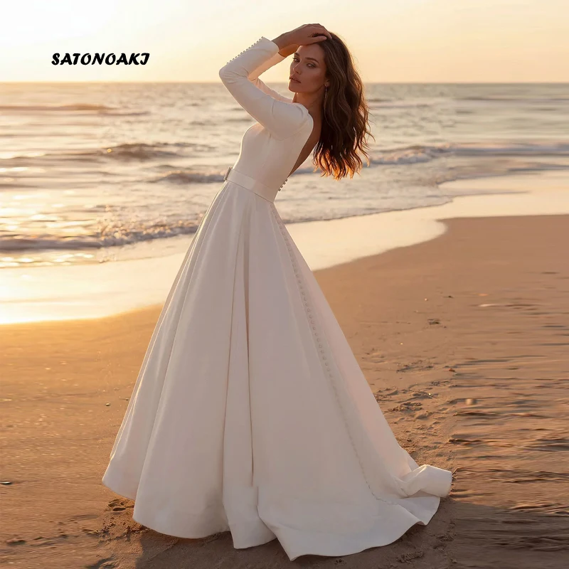 Customized Simple Beach White Ivory Satin Wedding Dress for Women Long Sleeve A-Line Bridal Gown Vestidos De Novia Robe Mariée