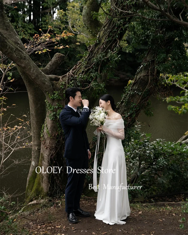 OLOEY Simple A Line Korea Wedding Dresses Photoshoot Long Sleeves Off Shoulder Floor Length Bridal Gowns Corset Back 2024