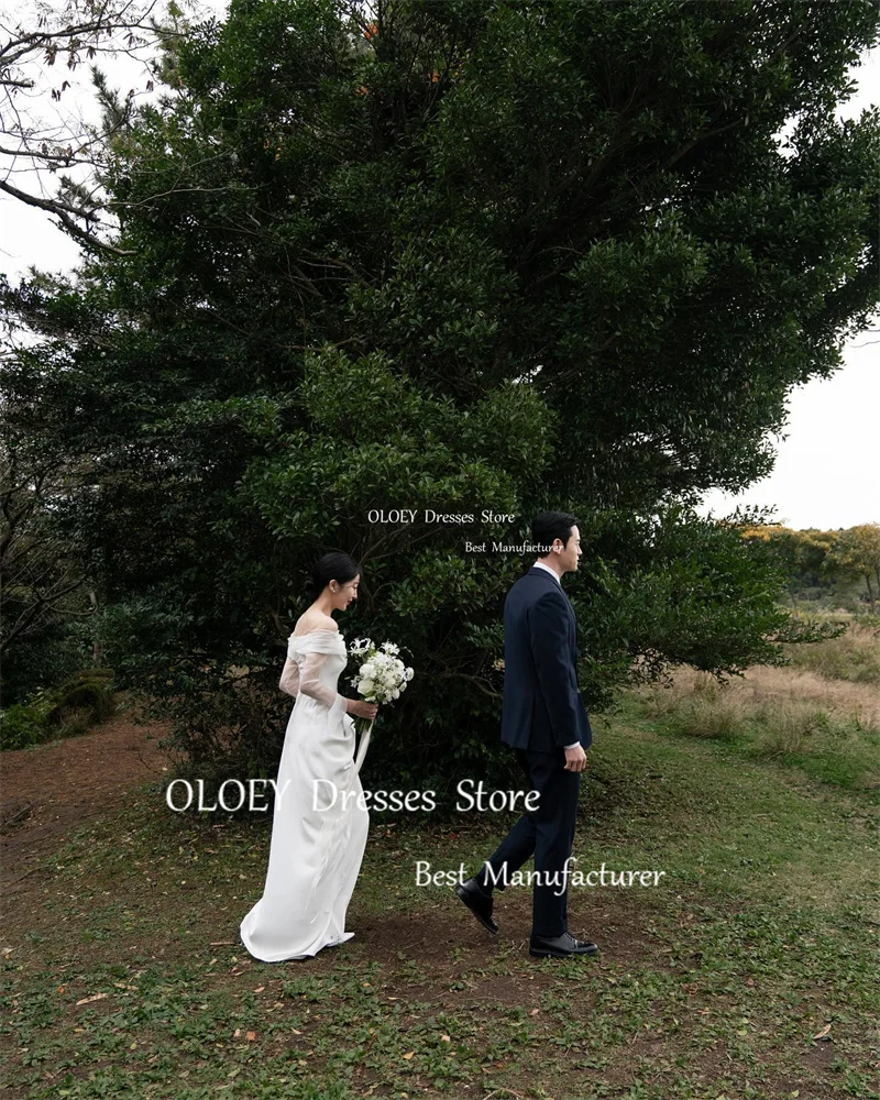 OLOEY Simple A Line Korea Wedding Dresses Photoshoot Long Sleeves Off Shoulder Floor Length Bridal Gowns Corset Back 2024