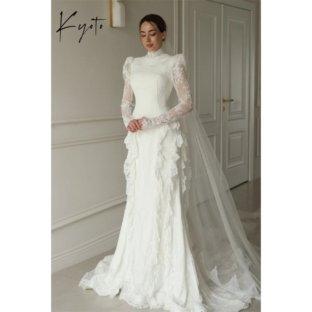 Kyoto Customized White Elegant Tiered Mermaid Floral Lace Wedding Dress High Neck vestidos de noche Zip Back robe de mariée 2026