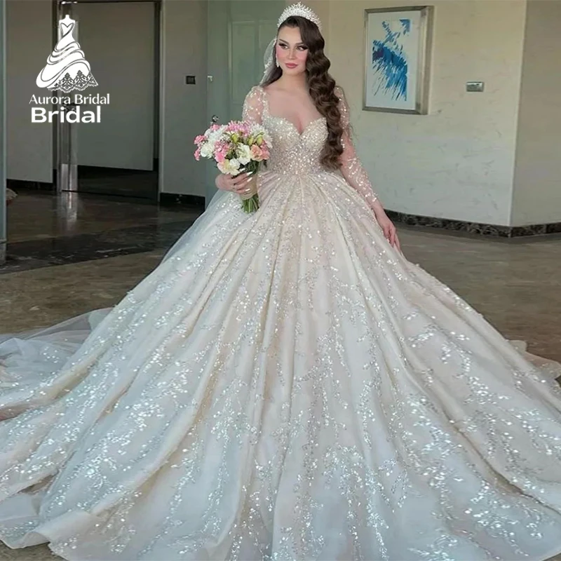 Aurora Customized Elegant Luxury Long Sleeve Dubai Wedding Dress Ball Gown Sequined Beading Illusion Saudi Arabic Bridal Gown