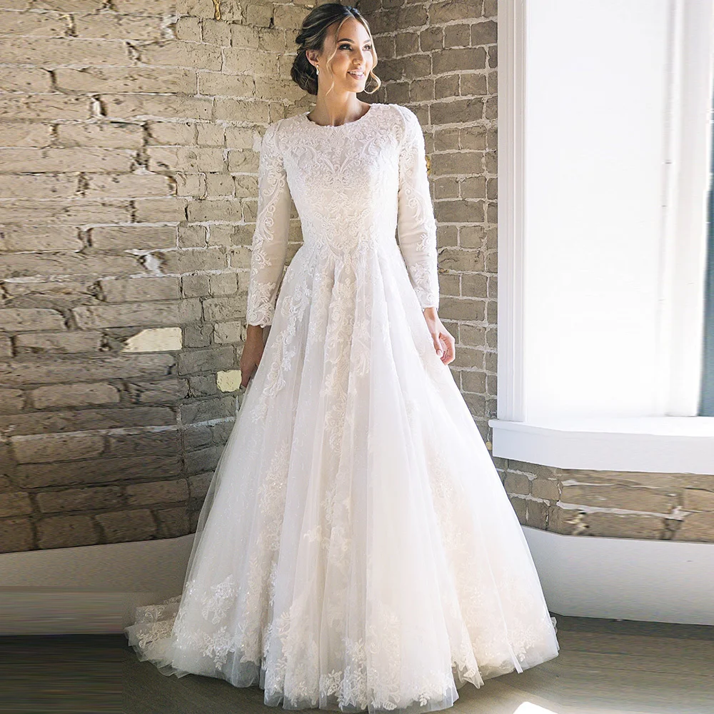 Customized Muslim Ivory A-line Wedding Dresses O-Neck Applique Lace Full Draped Pleat Tulle Brideing Dresses robe de mariée 2025