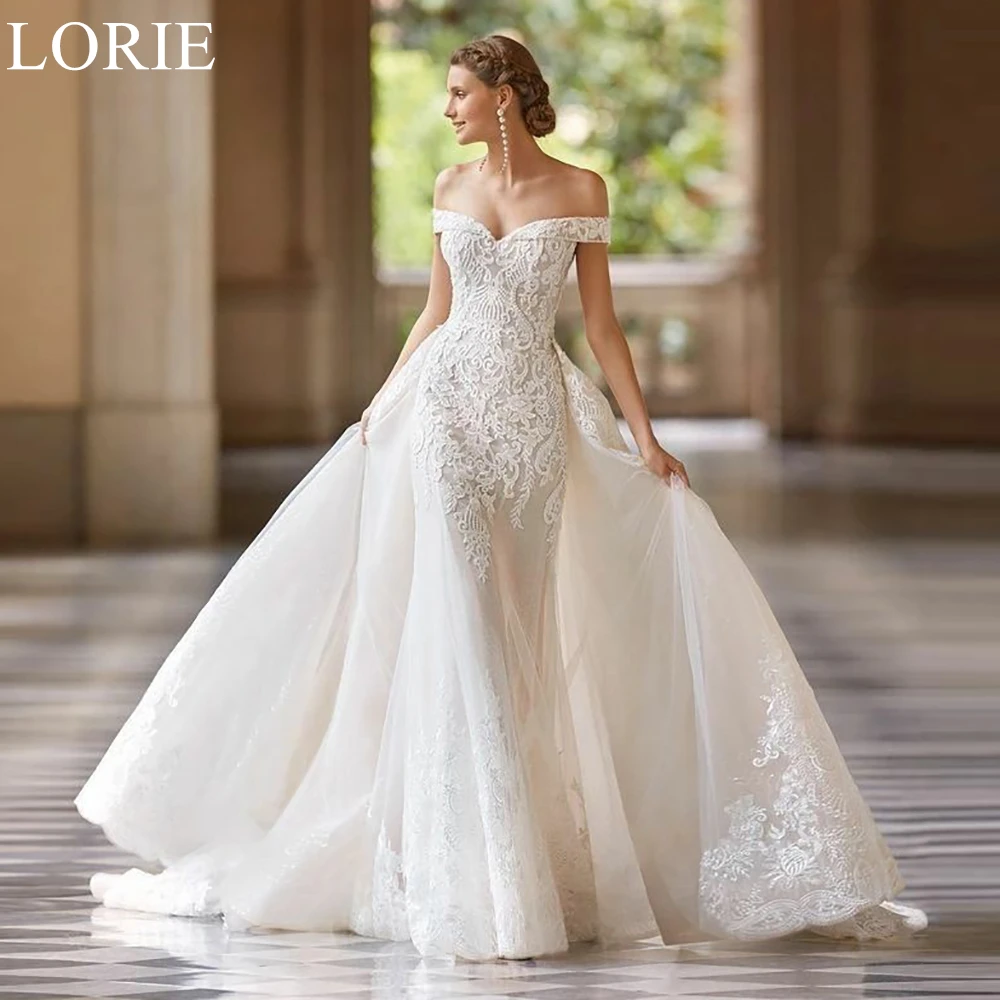 LORIE BOHO Off Shoulder Wedding Dress Lace Appliques Mermaid Detachable Train Pleated Bride Prom Gown 2024 Luxury Bridal Gowns