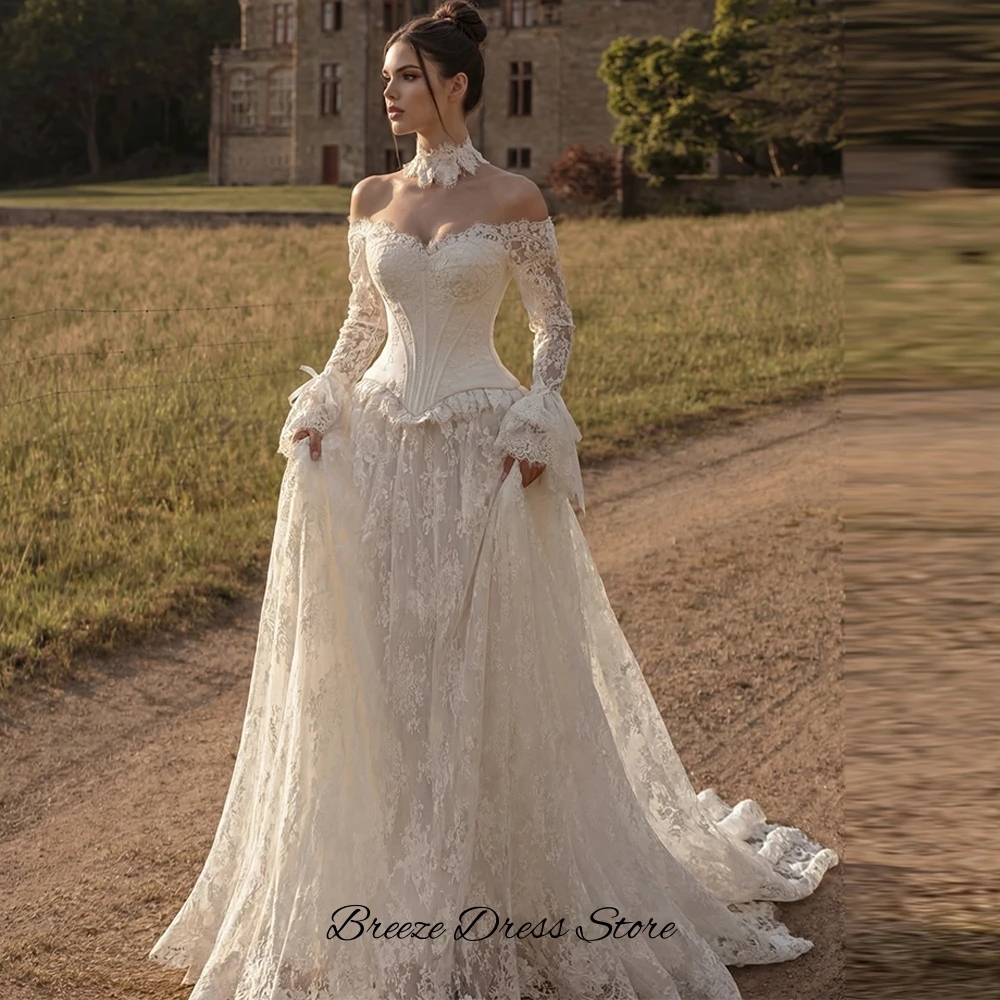 Customized Sweetheart Long Sleeves Robe de mariée Fashion Lace Appliques Wedding Dress Elegant A-Line Lace Up Back Bridal Gowns