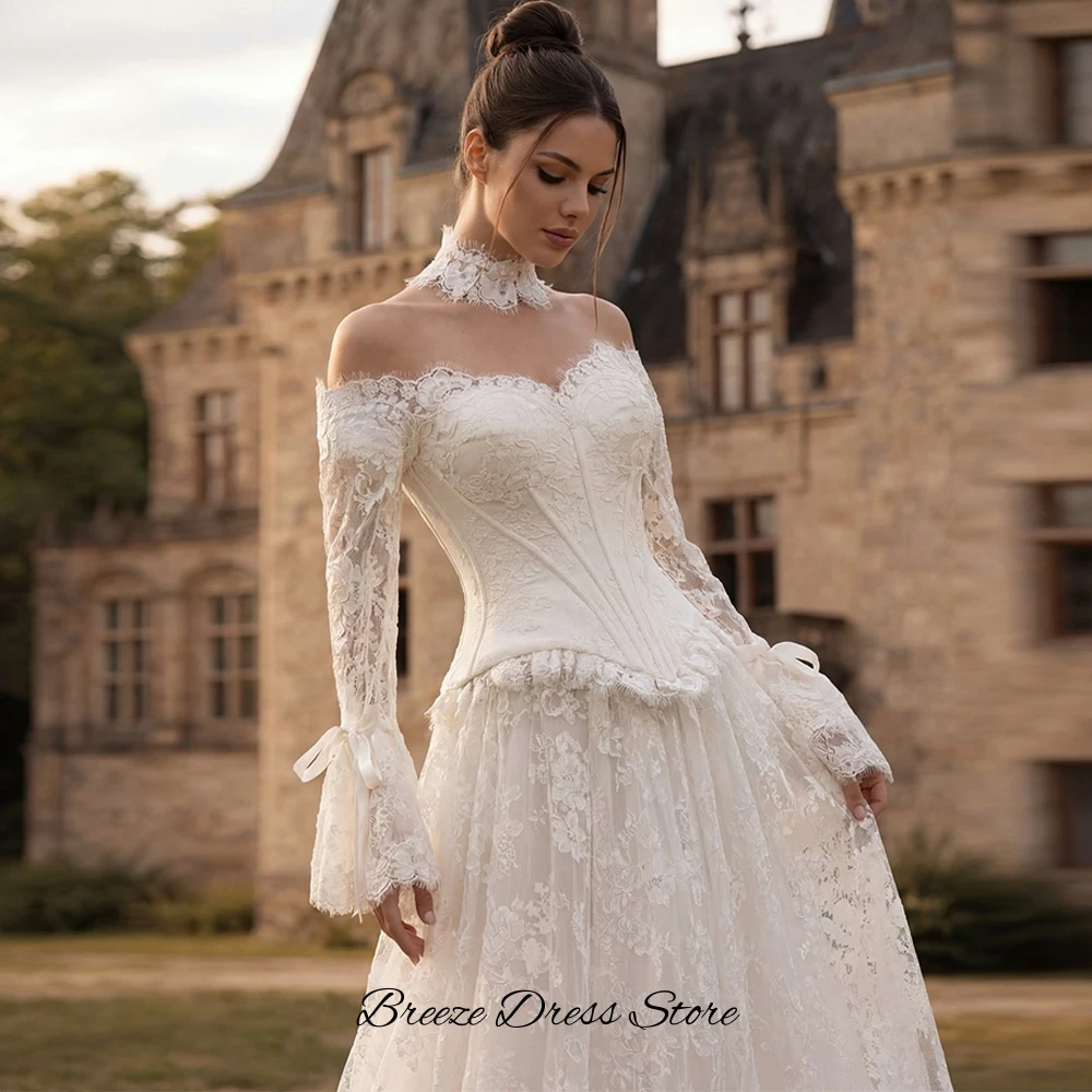 Customized Sweetheart Long Sleeves Robe de mariée Fashion Lace Appliques Wedding Dress Elegant A-Line Lace Up Back Bridal Gowns