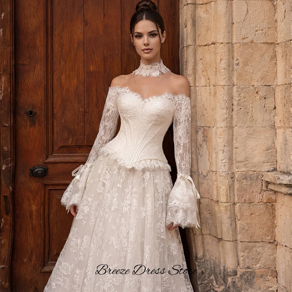 Customized Sweetheart Long Sleeves Robe de mariée Fashion Lace Appliques Wedding Dress Elegant A-Line Lace Up Back Bridal Gowns