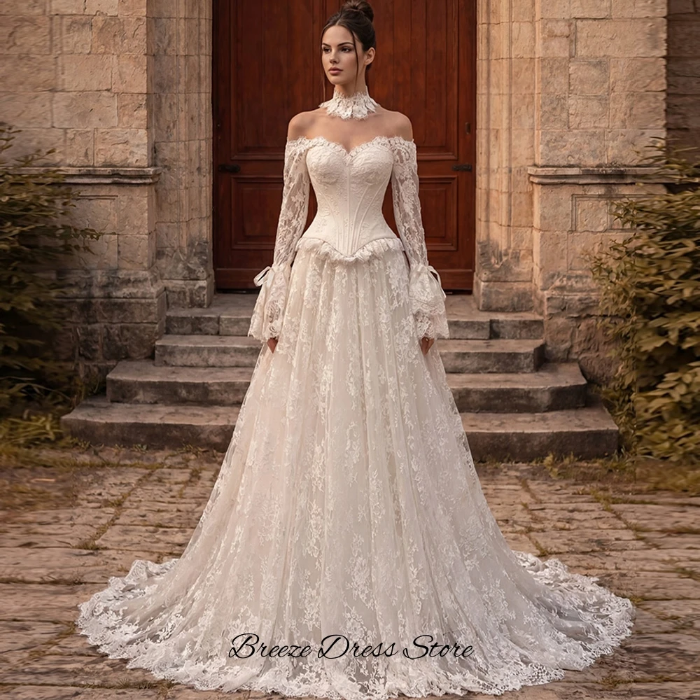 Customized Sweetheart Long Sleeves Robe de mariée Fashion Lace Appliques Wedding Dress Elegant A-Line Lace Up Back Bridal Gowns