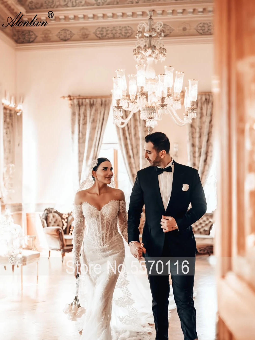 Alonlivn Custom Made Sweetheart Mermaid Wedding Dress With Beaded Appliques Off Shoulder Full Sleeves Trumpet Bridal Gowns