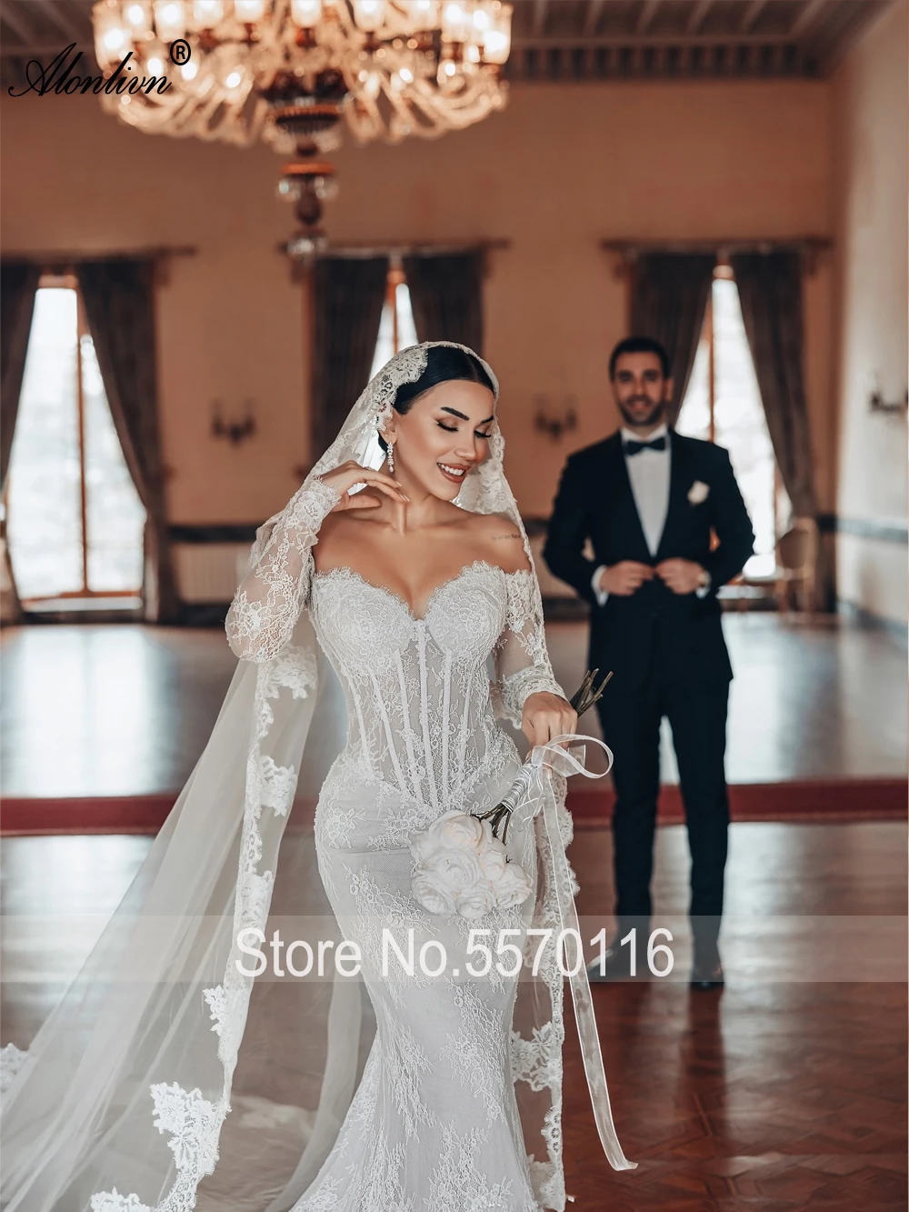 Alonlivn Custom Made Sweetheart Mermaid Wedding Dress With Beaded Appliques Off Shoulder Full Sleeves Trumpet Bridal Gowns
