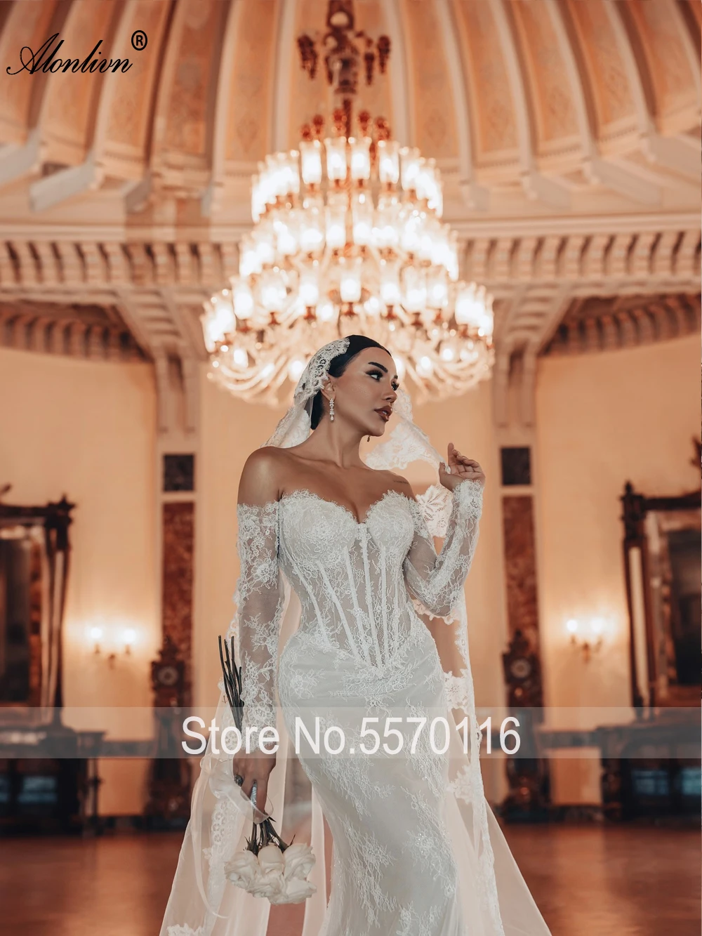 Alonlivn Custom Made Sweetheart Mermaid Wedding Dress With Beaded Appliques Off Shoulder Full Sleeves Trumpet Bridal Gowns