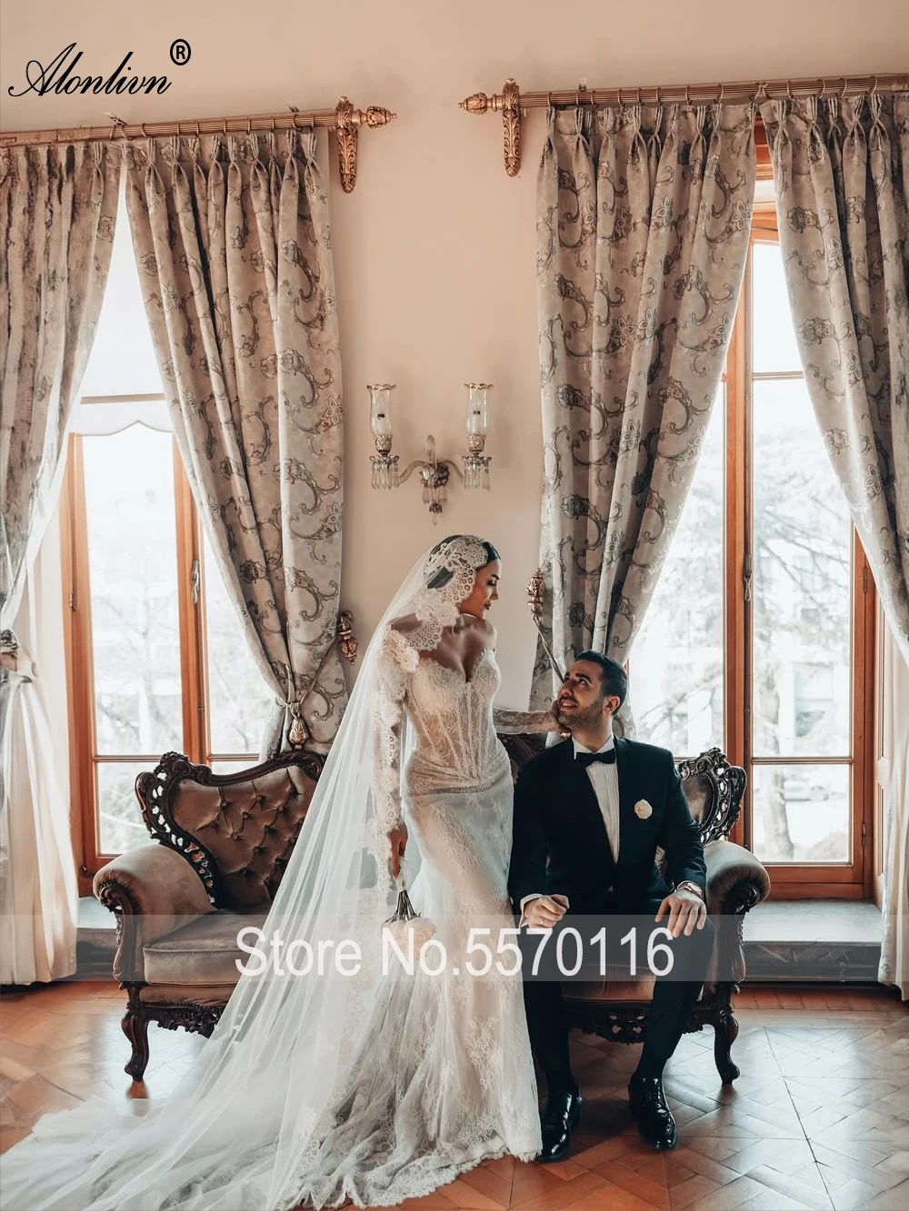 Alonlivn Custom Made Sweetheart Mermaid Wedding Dress With Beaded Appliques Off Shoulder Full Sleeves Trumpet Bridal Gowns