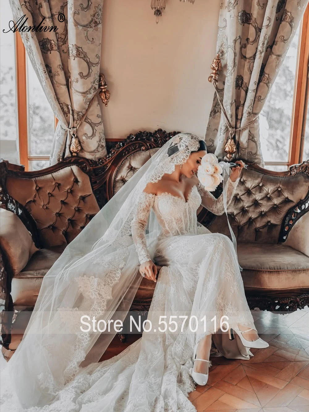 Alonlivn Custom Made Sweetheart Mermaid Wedding Dress With Beaded Appliques Off Shoulder Full Sleeves Trumpet Bridal Gowns