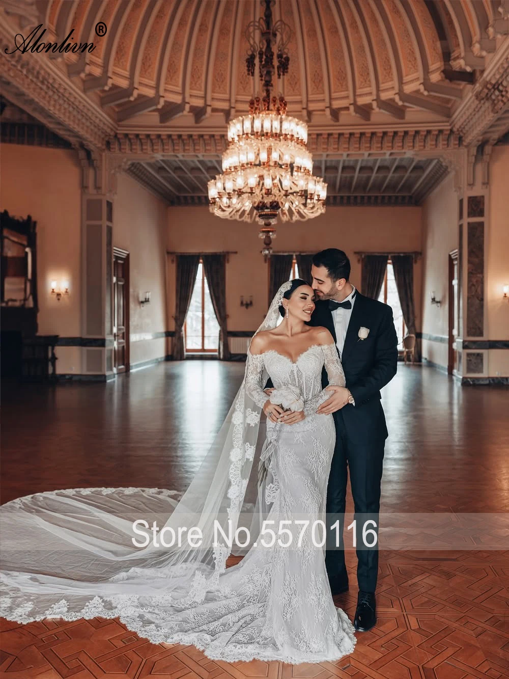 Alonlivn Custom Made Sweetheart Mermaid Wedding Dress With Beaded Appliques Off Shoulder Full Sleeves Trumpet Bridal Gowns
