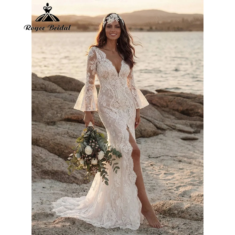 Boho Beach Mermaid Wedding Dress Brides Gown Elegant Lace Flared Long Sleeve High Slit vestido de novia boda 2026 Customized