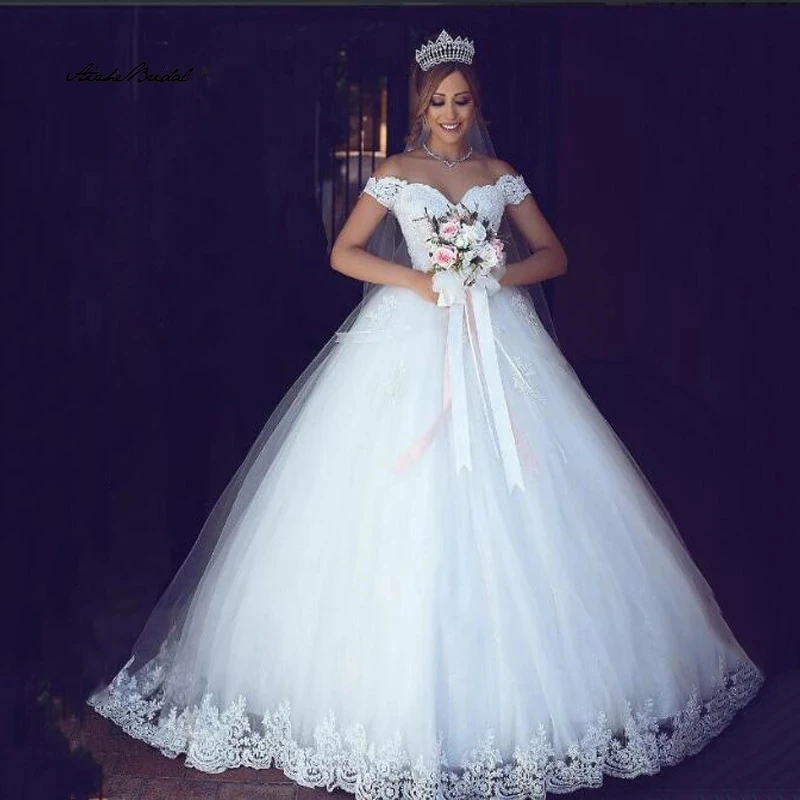 White Ivory Lace Appliques Ball Gown Cheap Off The Shoulder Short Sleeves Bridal Dress Wedding Dresses