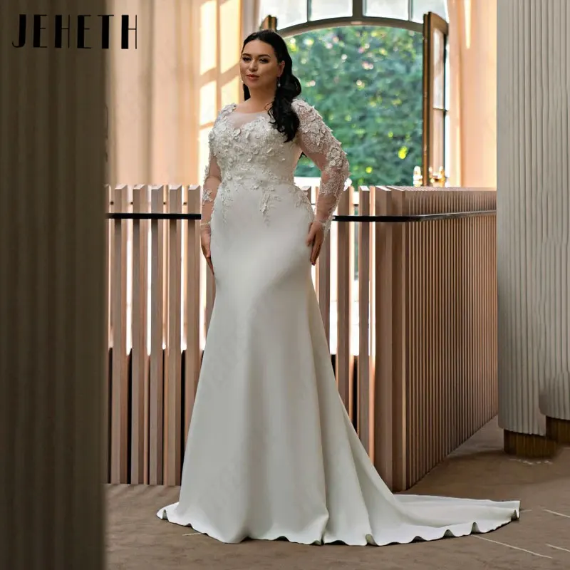 JEHETH Mermaid Scoop Wedding Dresses Plus Size Satin Full Sleeves Bridal Gowns Simple Appliques Exquisite Lace Customized