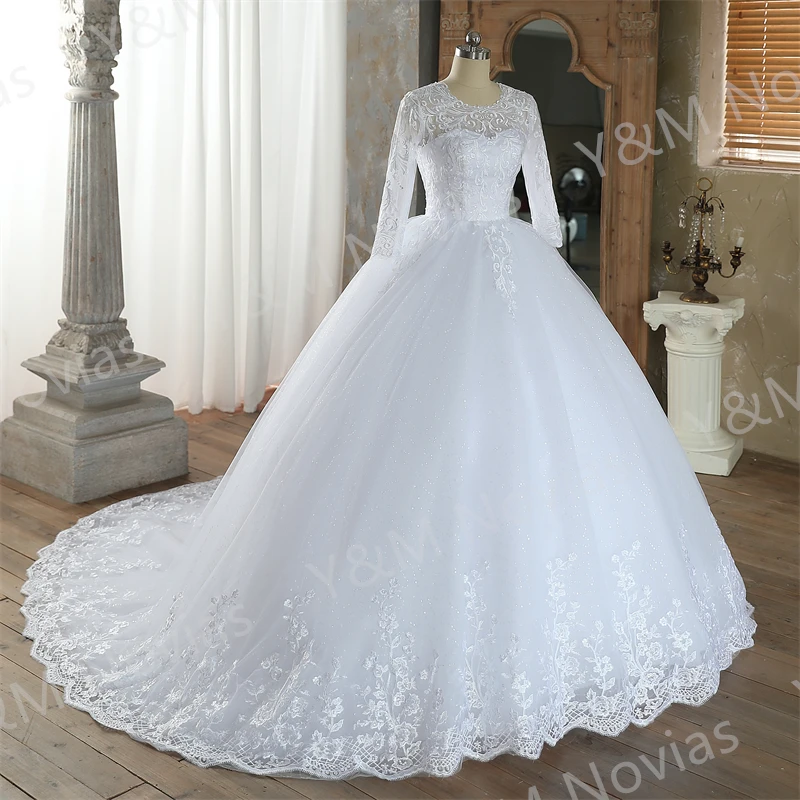 Real Video Vestidos De Novia Simple Vintage White Wedding Dress for Women With Sleeves Princesa Bridal Gown