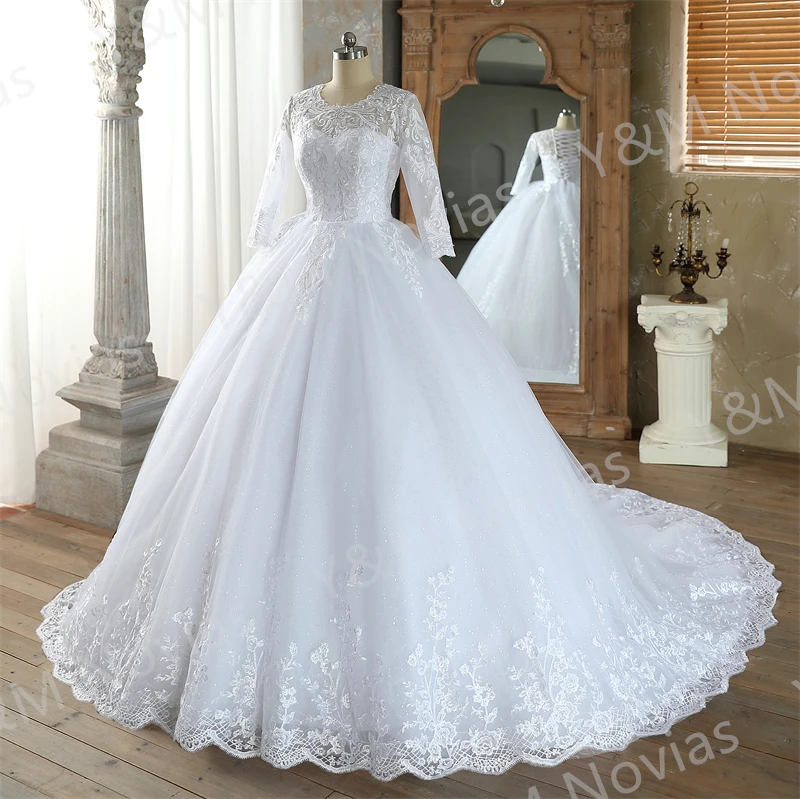 Real Video Vestidos De Novia Simple Vintage White Wedding Dress for Women With Sleeves Princesa Bridal Gown