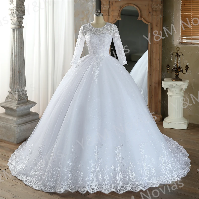 Real Video Vestidos De Novia Simple Vintage White Wedding Dress for Women With Sleeves Princesa Bridal Gown
