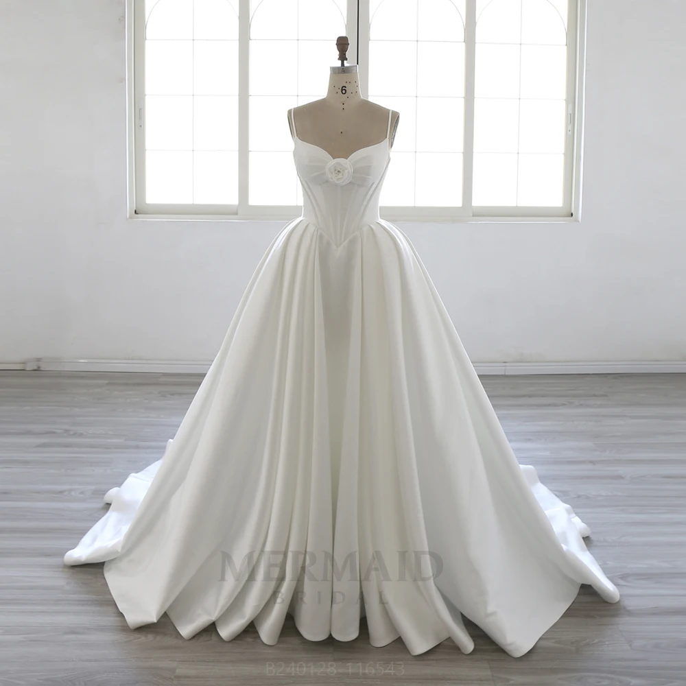 Spaghetti Straps V Neck Chapel Train Mikado Ball Gown Wedding Dress