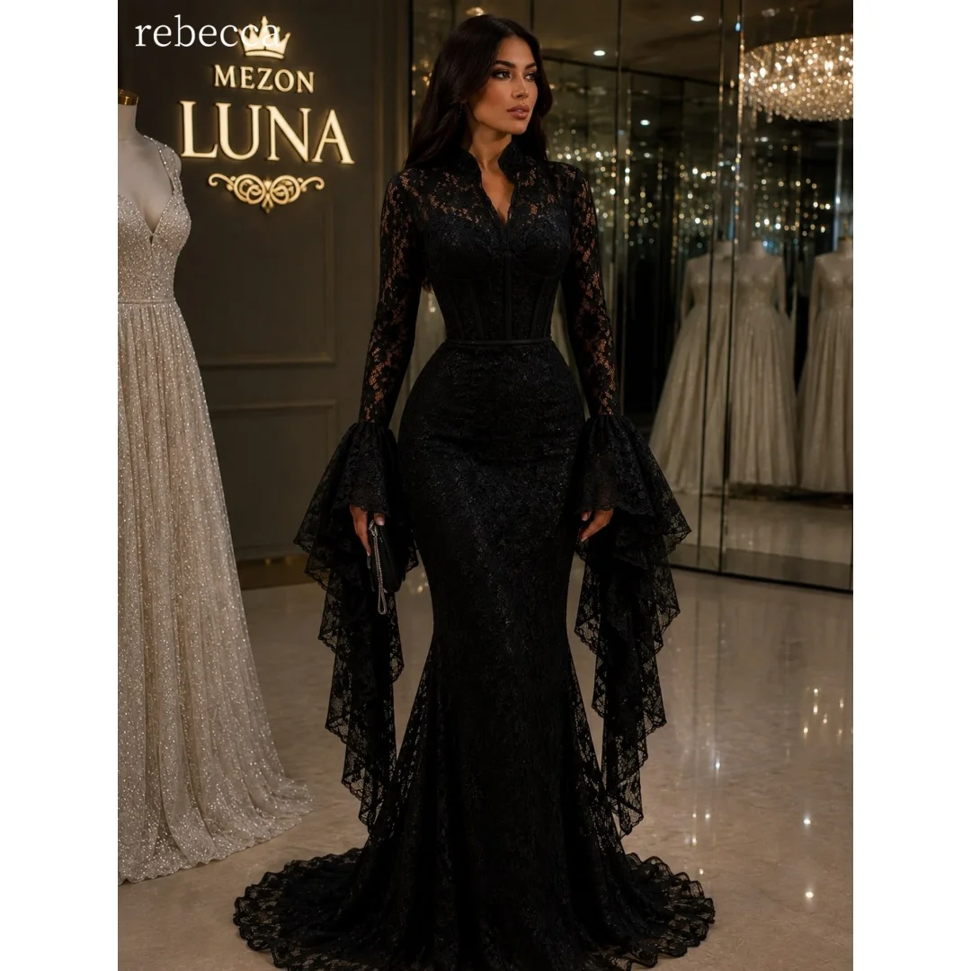 Rebecca Customized Long Ruffled Bell Sleeves Prom Dress Sweep Train vestidos de noche All‑Over Lace Ruffled Bell Sleeves Formal
