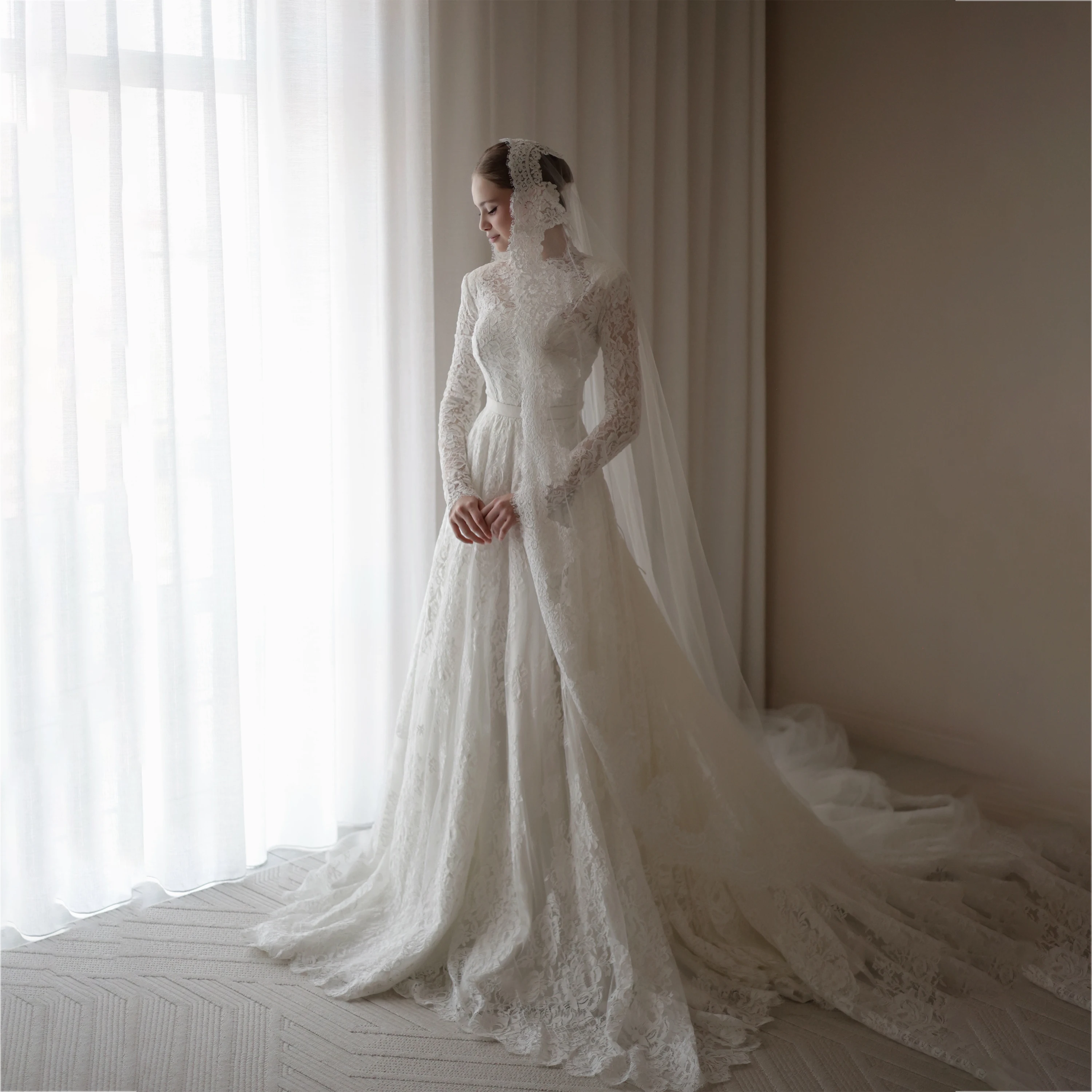 Vintage Modest Wedding Dresses High Neck Long Sleeve Lace A‑Line Bridal Gown Muslim Robe Mariée Vestido De Noiva Customized
