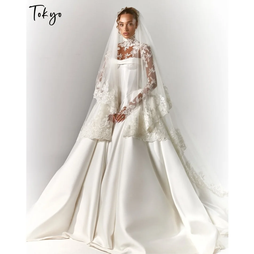 Tokyo Customized Cathedral Train Ball Gown Wedding Dress Lace Appliques vestidos de noche High Neck Long Sleeve Evening Dresses