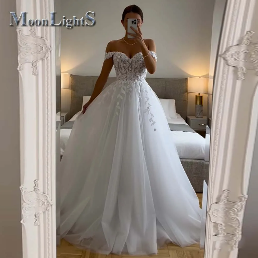 Moonlight Vintage Wedding Gowns for Mariages A-line Appliques Off the Shoulder Tulle Lace up Pleat Suknia Slubna Customized