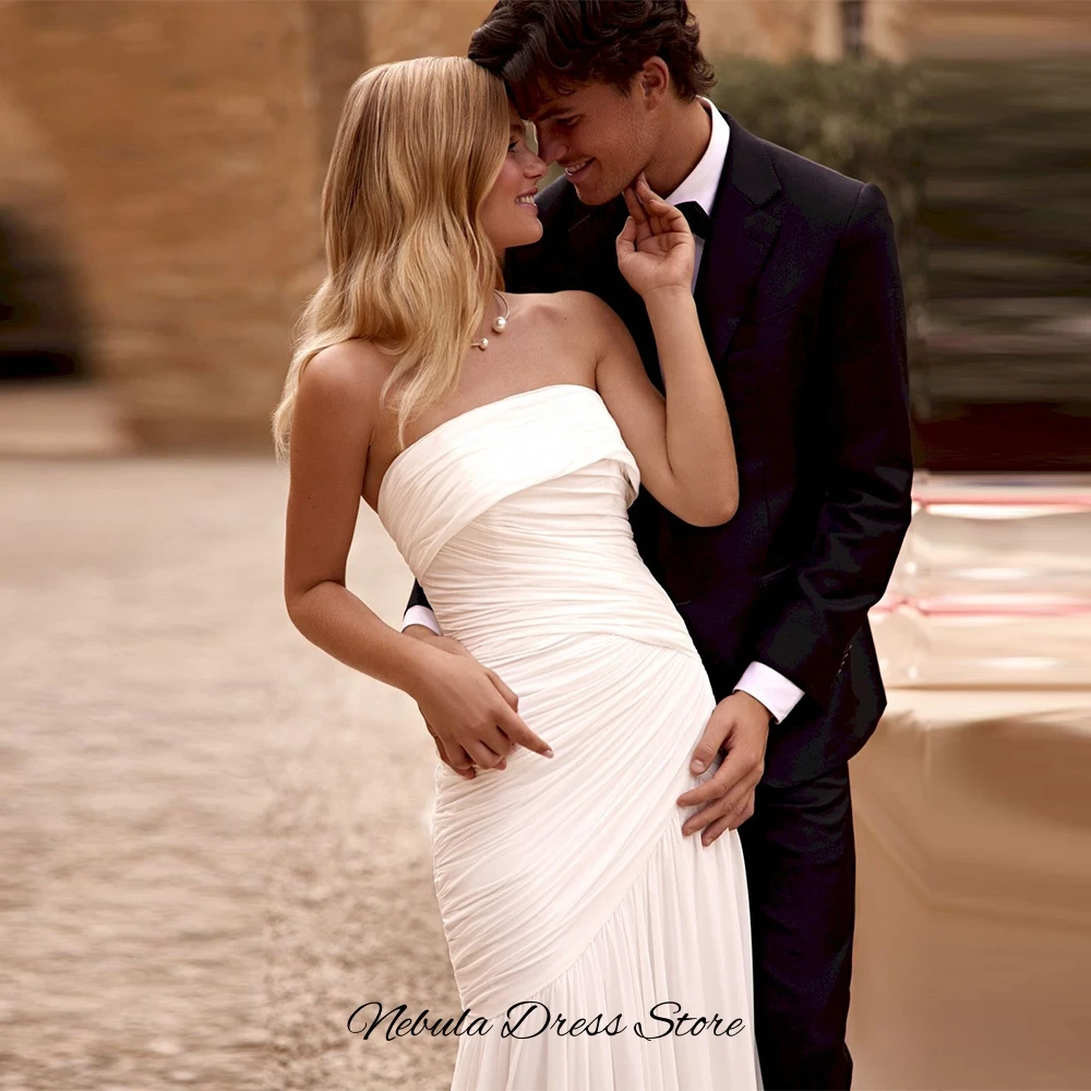 Simple Customized Chiffon Ruched Bridal Gowns Fashion Strapless Sleeveless Wedding Dress Elegant A-Line Pleats Vestido De Novia
