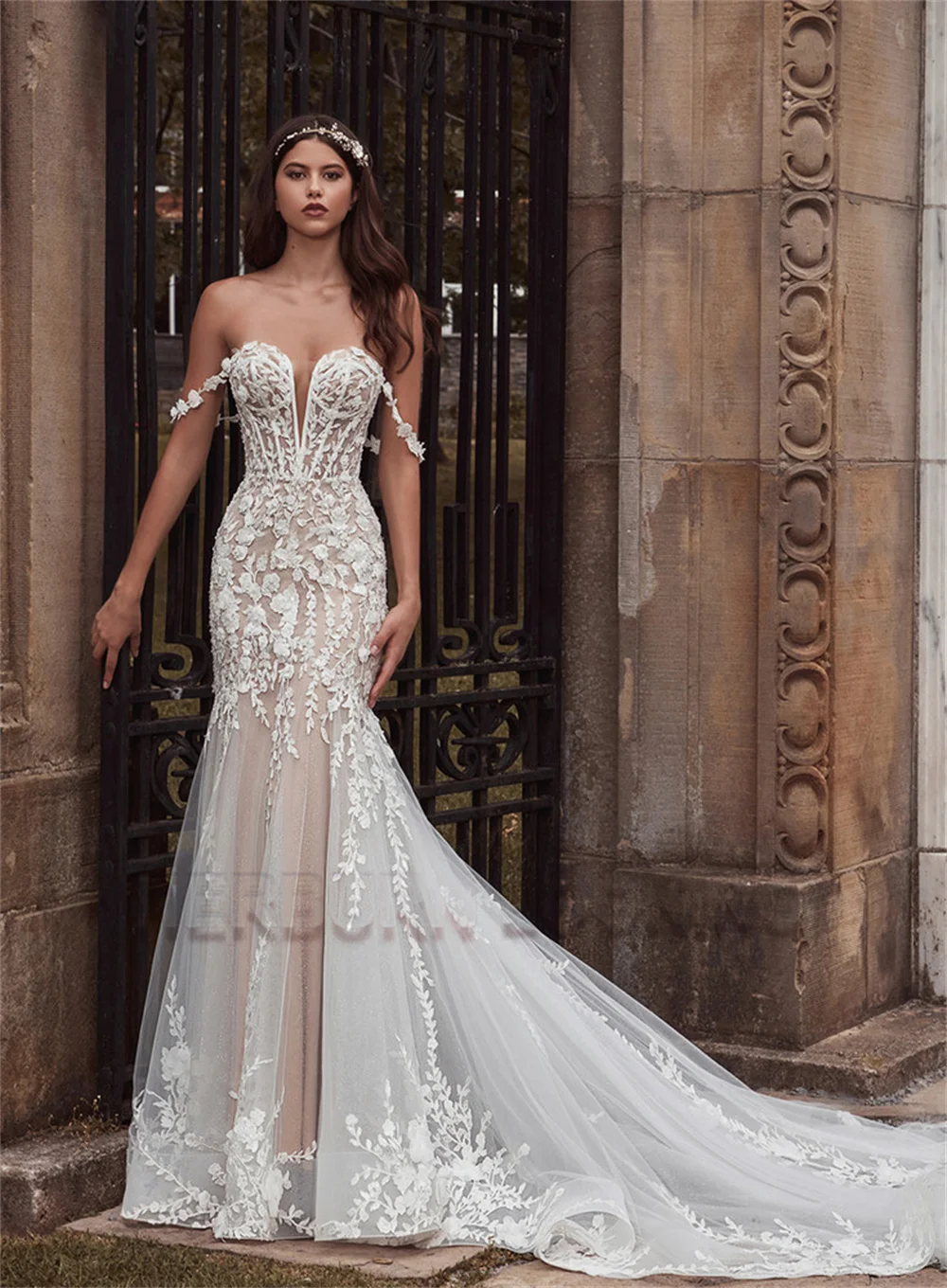 HERBURN Vintage Sweetheart Wedding Dresses for Women Court Train Zipper Lace Appliques Mermaid Vestido De Noiva Customized