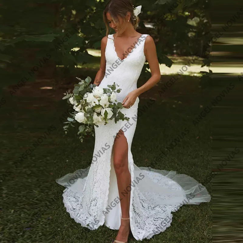 Long Mermaid Lace Boho Weddings Dresses Bridal V Neckline with Split Lace Wedding Gown Vestidos De Novia boda