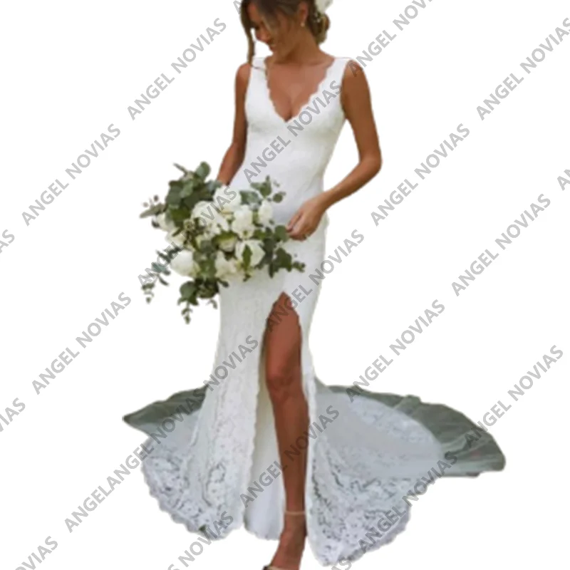 Long Mermaid Lace Boho Weddings Dresses Bridal V Neckline with Split Lace Wedding Gown Vestidos De Novia boda