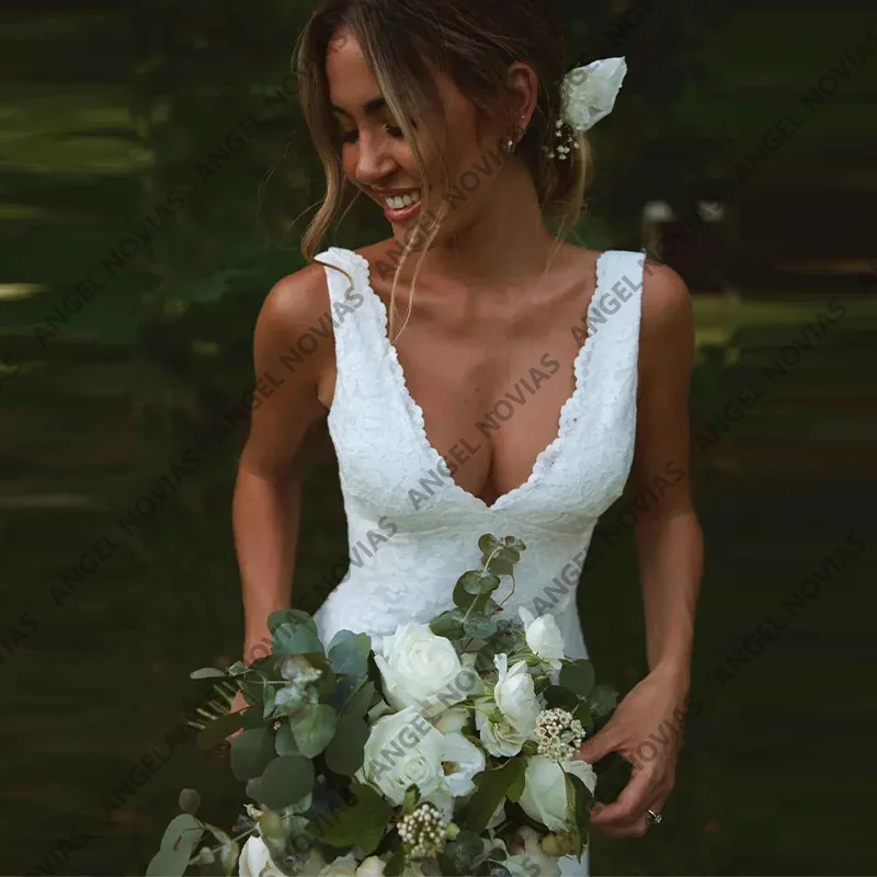 Long Mermaid Lace Boho Weddings Dresses Bridal V Neckline with Split Lace Wedding Gown Vestidos De Novia boda