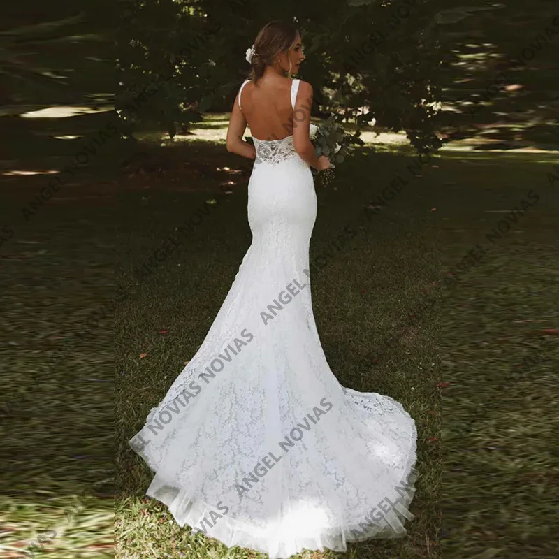 Long Mermaid Lace Boho Weddings Dresses Bridal V Neckline with Split Lace Wedding Gown Vestidos De Novia boda