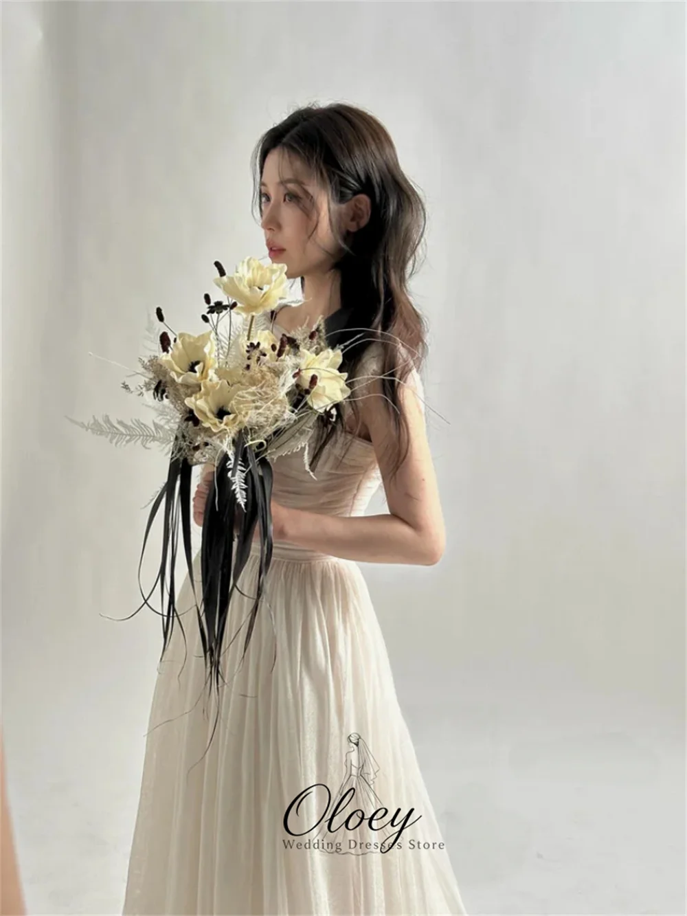 OLOEY Elegant A-Line Tulle Korea Wedding Dress Photo Shoot Sleeveless Backless Bridal Gown Customized Garden Wedding Dress