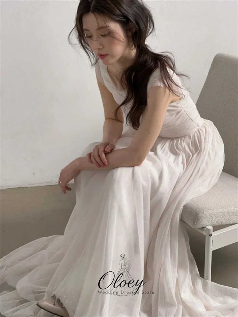 OLOEY Elegant A-Line Tulle Korea Wedding Dress Photo Shoot Sleeveless Backless Bridal Gown Customized Garden Wedding Dress