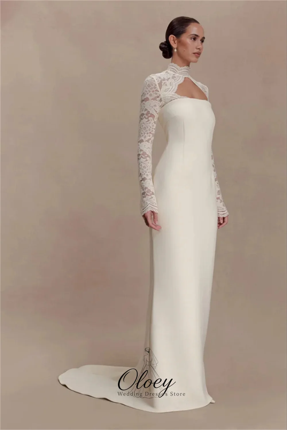 OLOEY Modern High Neck Long Lace Sleeve Wedding Dresses For Woman Satin Mermaid With Train Outdoor Bridal Gown Customized