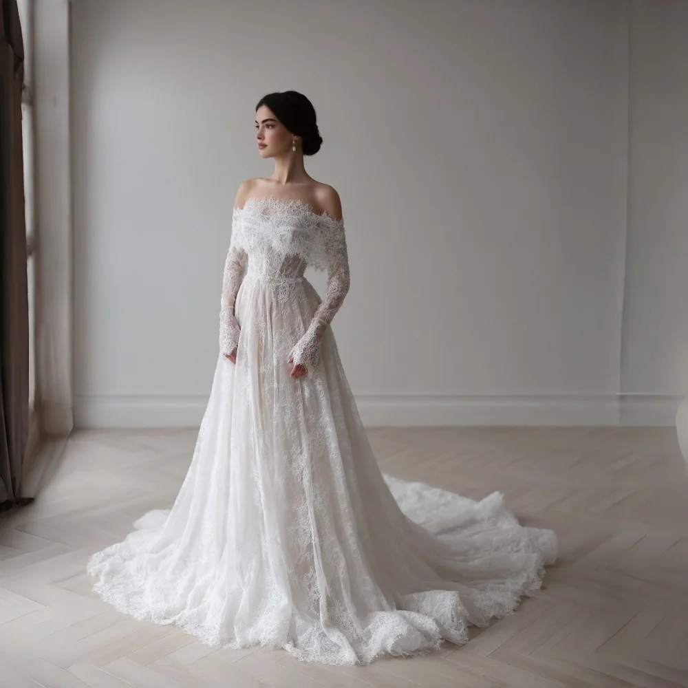 Customized Lace A Line Wedding Dress Strapless Off The Shoulders Long Sleeves Lace Up Back Vintage Boho Train Bridal Gowns 2026