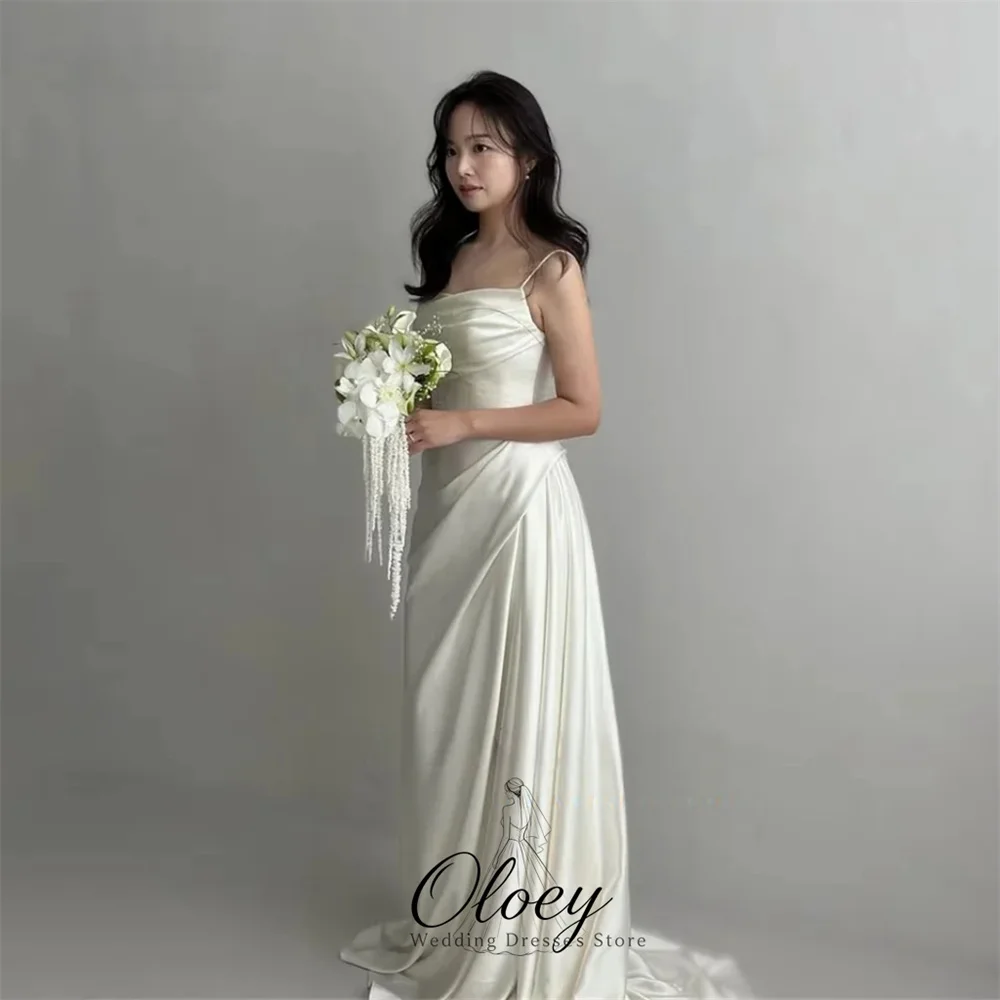 OLOEY Simple Satin Spaghetti Strap Korea Wedding Dress Photo Shoot Ruched Mermaid Square Collar Outdoor Bridal Gown Customized