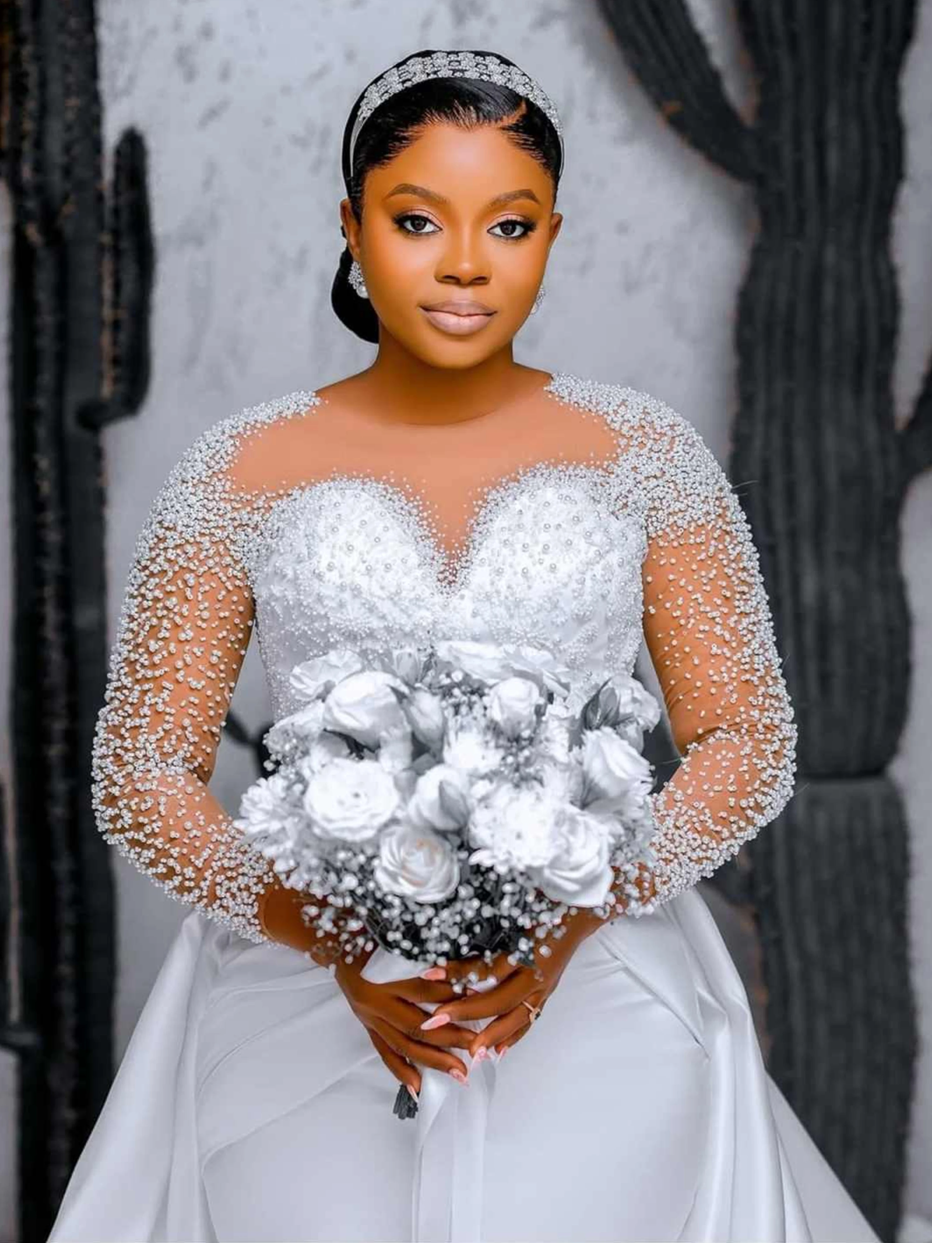 African O-Neck Wedding Dresses Sparkling Pearl Detachable Train Robe Long Sleeve Luxury Bridal Dress Vestido De Novia Customized