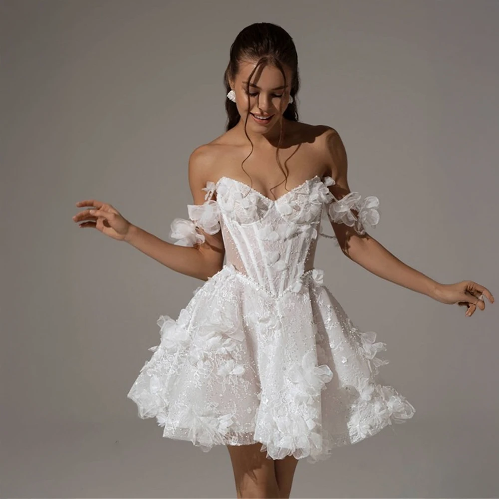 Customized Sheer Bodice 3D Flower Wedding Dress Fluffy Short Tulle Bridal Dress for Bride Bridesmaid Wedding Celebration Events