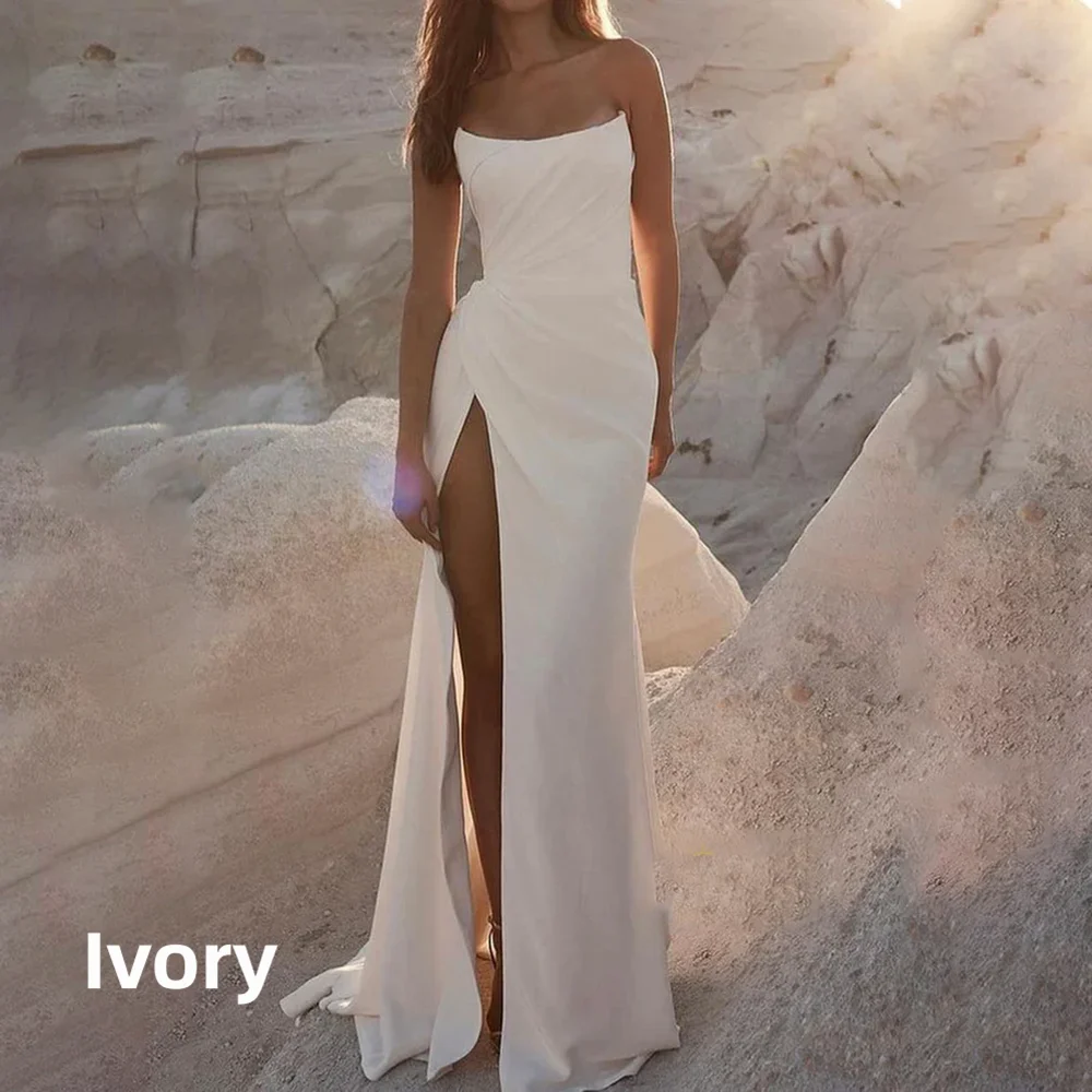 Simple Soft Satin Mermaid Wedding Dress Strapless Sleeveless Side Split Bridal Gown Ruched Beach Bride Dress Robe De Mariée 2026