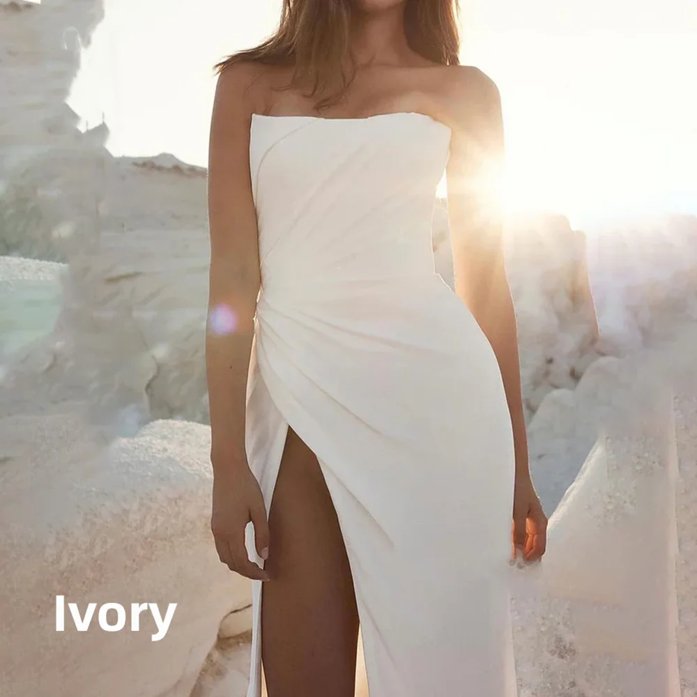Simple Soft Satin Mermaid Wedding Dress Strapless Sleeveless Side Split Bridal Gown Ruched Beach Bride Dress Robe De Mariée 2026