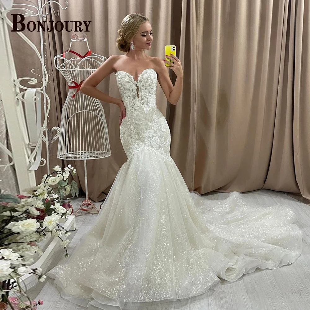BONJOURY Trendy Sweetheart Wedding Dresses for Woman Bridal Sleeveless Mermaid Court Train Appliques Vestido De Novia Customized