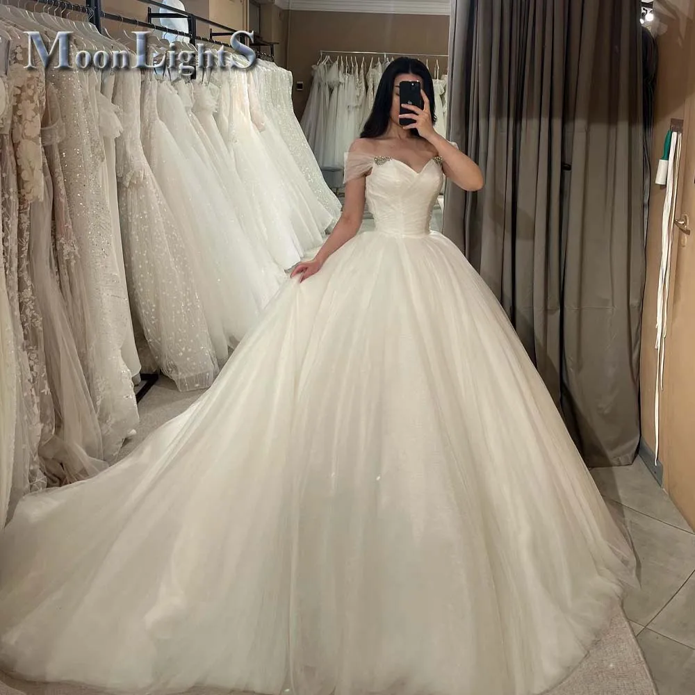 Moonlight Modern Wedding Gowns for Mariages Off the Shoulder Pleat Rhinestones Lace up Royal Train Suknia Slubna Customized